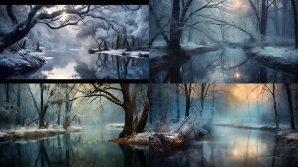 雾凇河流倒影，三分法构图，冰雪树木各异，雾气月夜仙境，冷色调，长焦镜头，顶光，慢快门，静谧。