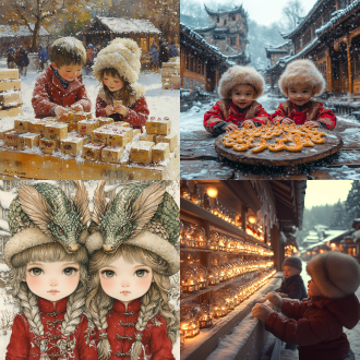 一个可爱的小男孩和一个可爱的小女孩一起吃一串金黄色透明龙凤形糖画，温馨和谐，喜庆，冬季，红色民族传统唐装，戴着毛绒帽子，中式古建筑大街背景，下雪天。