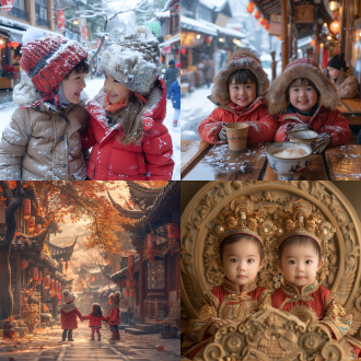 可爱小男孩小女孩共食龙凤糖画，对称构图，中式古街雪景，暖光，长焦，慢快门，穿红唐装戴绒帽，温馨喜庆。