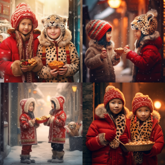 可爱小男孩小女孩共食猎豹糖画，对称构图，中式古街雪景，暖光，长焦，慢快门，微笑，红装绒帽，温馨喜庆。