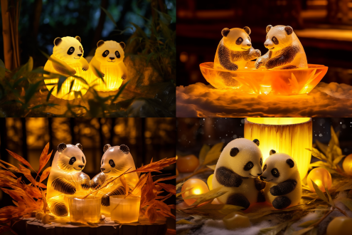 两个熊猫宝宝坐冰雕竹叶灯笼上舔汤圆，中心构图，动物园，暖黄灯光，长焦镜头，特写，慢快门，舔食，萌态，暖色调，可爱。