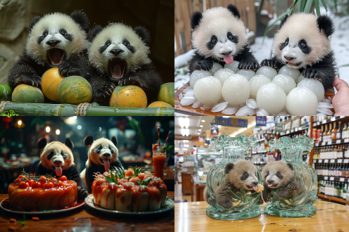 两个熊猫宝宝坐在冰雕竹叶大灯笼上，开心地伸出舌头舔手中的大汤圆，可爱。
