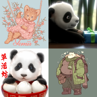 一个熊猫宝宝坐在竹子大灯笼上，开心地抱着怀中特制大汤圆品尝，可爱。