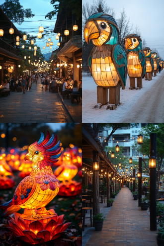 孔雀鸡造型的灯笼，暖黄光，夜景，绚丽