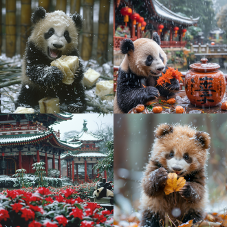 熊猫宝宝抱冰雕竹叶灯笼玩耍，三分法构图，雪景中，暖红冷白对比，长焦镜头，顶光，慢快门，憨态，开心可爱。