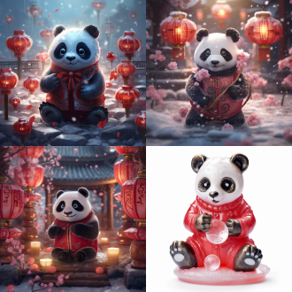 熊猫宝宝抱着冰雕梅花灯笼玩耍，开心可爱，下雪天，红灯笼背景。