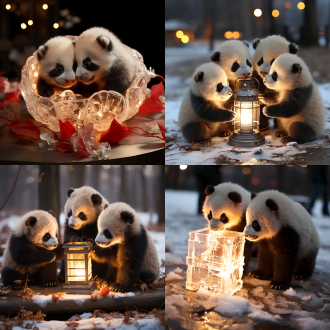 熊猫宝宝抱冰雕灯笼玩，内有冰冻竹叶，开心可爱，下雪天红灯笼背景，三分法构图，雪景，长焦，逆光，暖冷对比，活泼。