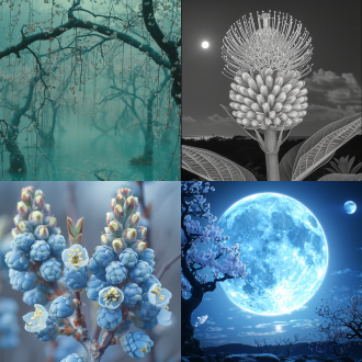 铁树开花，珍稀植物特写，三分法构图，月夜花园，冷色调，长焦镜头，逆光，慢快门，静谧，梦幻。