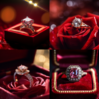 精致红宝石红玫瑰戒面金戒指特写，中心构图，珠宝盒内，暖光，微距镜头，高饱和色彩，情人节氛围，奢华感。