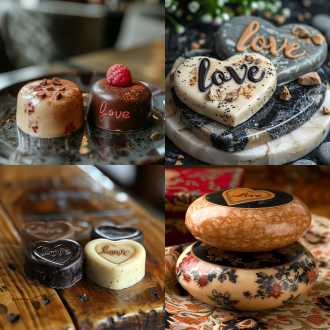 两块相连接的黑白心形巧克力，中间刻着褐色巧克力“love”字样，美食特写，放在精美包装纸上，情人节礼物设计