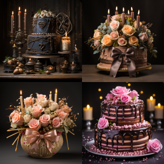 黑巧克力蛋糕上站着很多奶油巧克力雕刻的丘比特蜡烛，头顶上的烛光闪烁，手中的弓箭指着不同的方向，玫瑰花缠绕着周围，浪漫，情人节美食，烛光照明