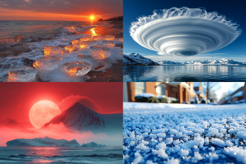 立冬白日暖， 万里云波卷。 寒风飞玉露， 冰川千丈雪。