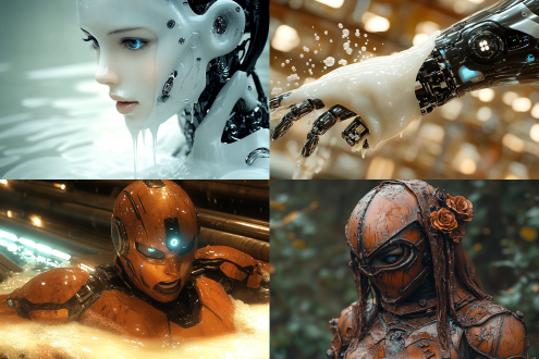 人形机器人被机械丘比特射中落牛奶溅，巧克力中爬出裹满巧克力的机器人，玫瑰雪花背景烛光，三分法，暖光，特写，梦幻，浪漫。