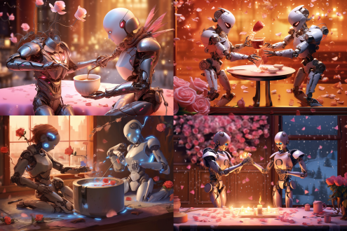 一个机械丘比特和两位人形机器人，一位人形机器人被空中飞舞的机械丘比特拿弓箭射中，落入一杯牛奶中，牛奶溅起。旁边一杯热巧克力溶液中爬出另外一个人形机器人，浑身裹满巧克力，玫瑰花瓣与雪花飞舞的背景，浪漫烛光。