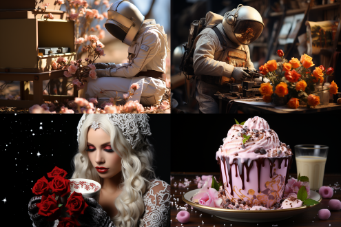 迷你机械丘比特射中人形机器人落牛奶溅起，另一裹巧克力爬出热巧克力，玫瑰雪花背景，远景，暖光，广告风，浪漫。