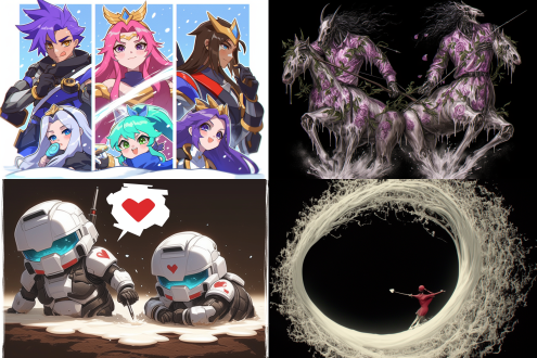 一个迷你机械丘比特和两位迷你人形机器人，一位人形机器人被空中飞舞的机械丘比特拿弓箭射中，落入一片牛奶河中，牛奶溅起。旁边的热巧克力支流中爬出另外一个人形机器人，浑身裹满巧克力，玫瑰花瓣与雪花飞舞的背景，浪漫烛光，古事干，广告创意，远景