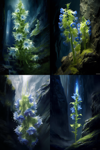 一株美丽圣洁的绿绒蒿花开放在悬崖绝壁的缝隙中，毛茸茸的花茎，蓝色的花瓣，单层飘逸，黄色花蕊，雪花月光背景，神秘寂静