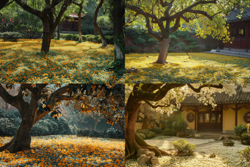 桂花树，一地桂花，中式庭院有桂花树，丁达尔光