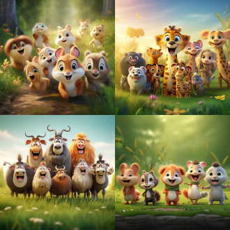 卡通动物群，多彩表情，中心构图，柔和光线，户外草地，微距镜头，自然光，慢快门，嬉戏，温馨。