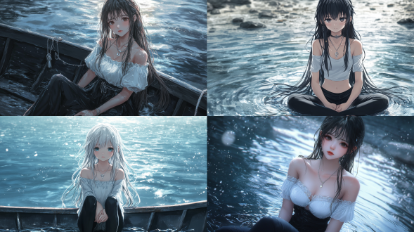 清晨小船，蓝色调，长发女孩，白色短袖，黑色裤子，盘腿坐，五官精致，皮肤白皙，大眼睛，银色项链，甜美，动漫写实，细节精致，大景深，自然光，平静，宁静，水波纹，远景，高分辨率，柔和色彩。