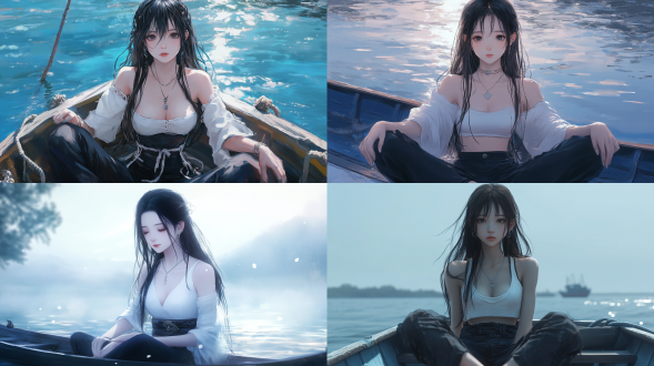 清晨的一艘小船上，蓝色调，一个长发、穿着白色短袖和黑色裤子的中国女孩盘腿而坐。她五官精致，皮肤白皙，眼睛大大的，脖子上挂着银色项链，甜美女生，动漫写实风格，细节精致，大景深，负面词：手部畸变