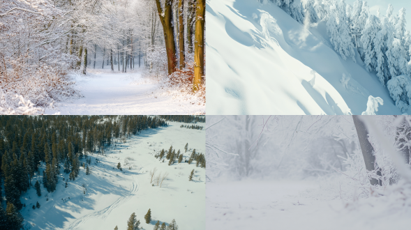 高品质的雪地风景杰作8k高清图，森林边缘广阔视野，纯净白色，长焦镜头，柔和光线，慢速快门，宁静平和，冷色调。