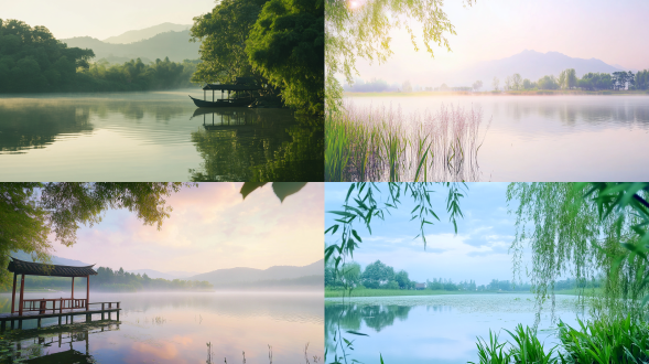 夏日清凉，江南清晨，雨后湖畔，远景，柔和光线，真实风景，唯美意境，高清画质，8k高清