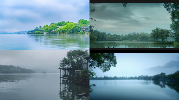 江南清晨雨后湖畔远景，柔和光线下的夏日清凉，真实风景呈现唯美意境，8k高清，超广视角，宁静氛围，冷色调。