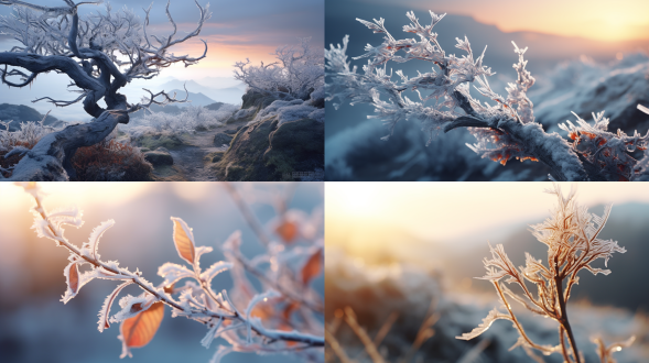 after a fresh rain in an empty mountain, the weather turns autumnal in the late evening, frost on the branches, a vast sky. movie lighting, macro lens, professional photography, long shot, real landscape shooting, beautiful artistic conception, high-definition quality.