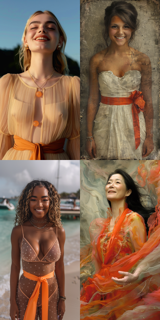 女子沙滩微笑，轻纱蝉衣，橙色丝带，半身像，自然光，沙滩背景，柔和色调，广角镜头，微笑表情，优雅姿态，梦幻氛围。