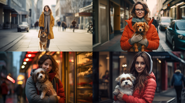 女人牵狗，城市街道，对称构图，高饱和度，街景，长焦镜头，柔和自然光，悠闲步伐，温馨，和谐。