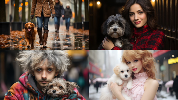 女人牵狗，纽约街头，对称构图，高饱和度，街景，长焦镜头，柔和自然光，悠闲步伐，温馨，和谐。