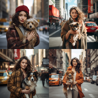 女人牵狗，纽约街头，对称构图，高饱和度，街景，长焦镜头，柔和自然光，悠闲步伐，温馨，和谐。
