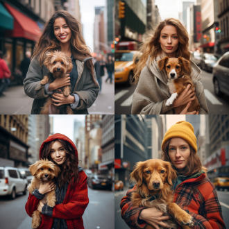 女人牵狗，纽约街头，对称构图，高饱和度，街景，长焦镜头，柔和自然光，悠闲步伐，温馨，和谐。