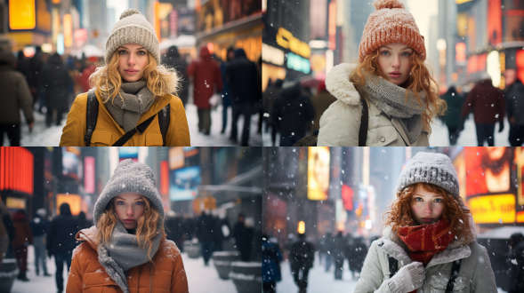 女人，漫天大雪的纽约时代广场，对称构图，高饱和度，街景，长焦镜头，柔和自然光，悠闲步伐，温馨，和谐。