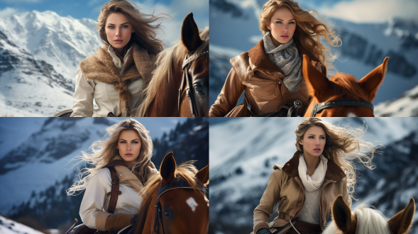 漂亮女人，骑马，雪山