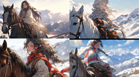 漂亮女人，骑马，雪山