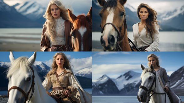 漂亮女人，骑马，海滩，雪山