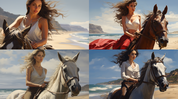 漂亮女人，骑马，海滩，渲染 ，超侧角视图