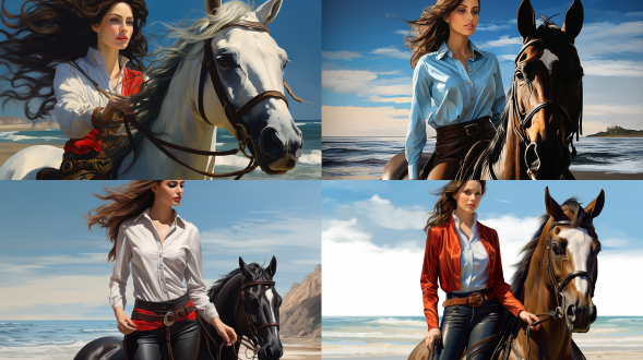 漂亮女人，骑马，海滩，油画渲染 ，过肩景