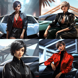 漂亮女人，短发，兰博基尼跑车，渲染 ，特写镜头