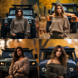 漂亮女人，中短发，穿高领衫，站在悍马车旁，秋天景色，电影般的，半身特写镜头