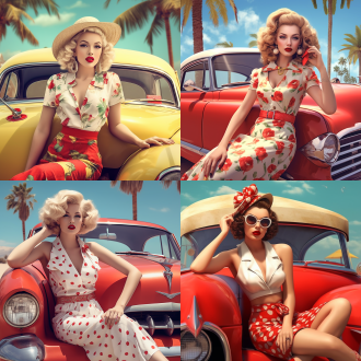 game style, retro pin-up girl, polka dot dressand headscarf, red lipstick and nails,vintage car withchrome accents,sitting on the hood with a coyand sunny beach in theexpression,palm treesbackground