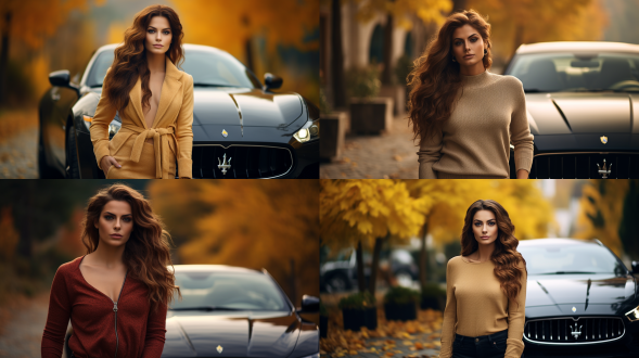 漂亮女人，中短发，穿高领衫，漂亮的玛莎拉蒂，站在车前面，秋天景色，半身特写镜头