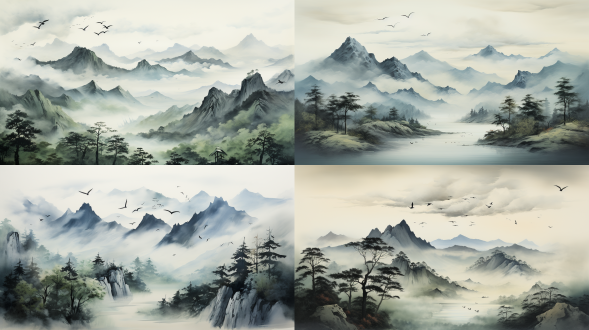 提示：水墨画风格，宁静的山景，朦胧的云彩，流动的河流，郁郁葱葱的树木，高耸的树木，在天空中翱翔的鸟儿，宁静的气氛，微妙的笔触