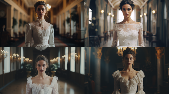 一个女人穿着婚纱在堂，半身像，电影胶片效果