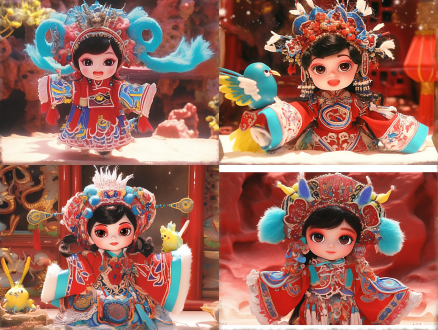 一个天真活泼的少女穿着京剧服装正在舞台上表演，突出活泼可爱的形象的3d卡通人物 洞穴