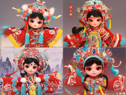 一个天真活泼的少女穿着京剧服装正在表演，突出活泼可爱的形象的3d卡通人物，深灰色背景或夜景 洞穴