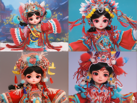 一个天真活泼的少女穿着京剧服装正在表演，突出活泼可爱的形象的3d卡通人物，深灰色背景或夜景，正面全身像 洞穴
