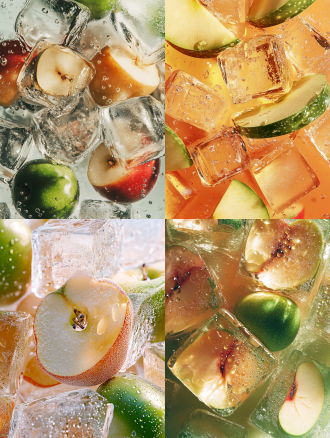 晶莹茶色冰块与切开的青苹果片与红苹果片，水珠点缀，极简风格，自然光，近景，4k超清，清晰细节，冷色调，清新感。 oc渲染器 干净背景 流体 冰 冰冷 全景 浅绿 青苹果色 苹果红